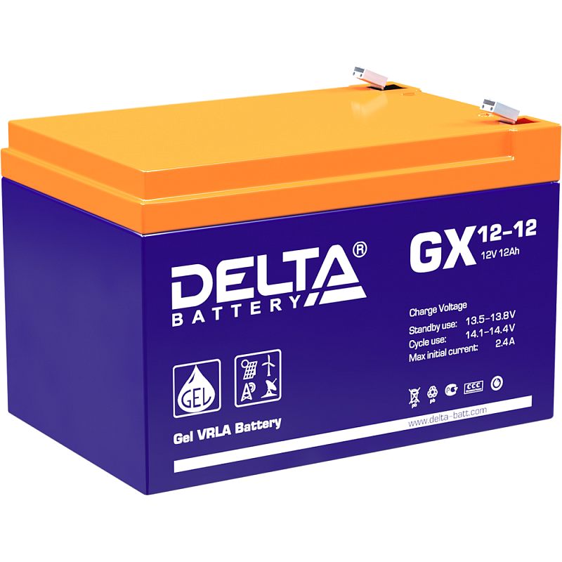 Фото-1 Аккумулятор для ИБП Delta GX 12-12, вид под углом; фиолетовый корпус с оранжевой крышкой, сверху плоские клеммы, на боку этикетка с маркировкой GX 12-12; фото на белом фоне, помогает сверить модель и расположение контактов.