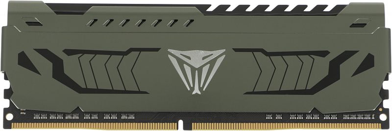 Фото-1 Модуль памяти Patriot Viper Steel PVS416G320C6, фронтальный вид на белом фоне. На фото виден оливково-серый металлический радиатор, серебристый логотип Viper, верхние вентиляционные прорези и золотистые контакты DIMM. Изображение помогает распознать исполнение без RGB и конструкцию радиатора.