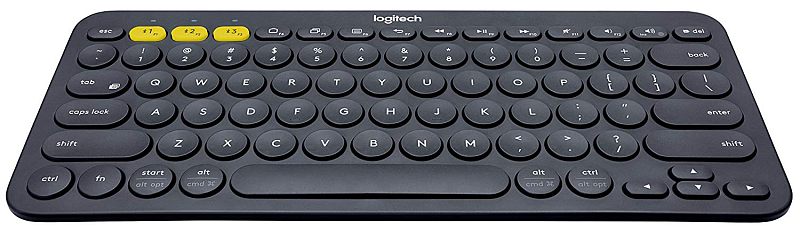 Фото-1 Клавиатура Logitech K380, вид сверху; на фото компактная беспроводная клавиатура без цифрового блока с круглыми клавишами, овальными кнопками верхнего ряда и стрелками в правом нижнем углу, серый цвет; изображение показывает раскладку и формат корпуса для страницы товара.