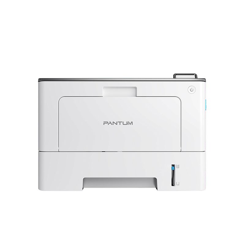 Фото-1 Лазерный принтер Pantum BP5200DW, фронтальный вид: белый корпус, логотип Pantum на передней крышке, справа круглая кнопка питания, внизу виден рычаг/защёлка с синей отметкой; фото на белом фоне для распознавания модели на странице товара.