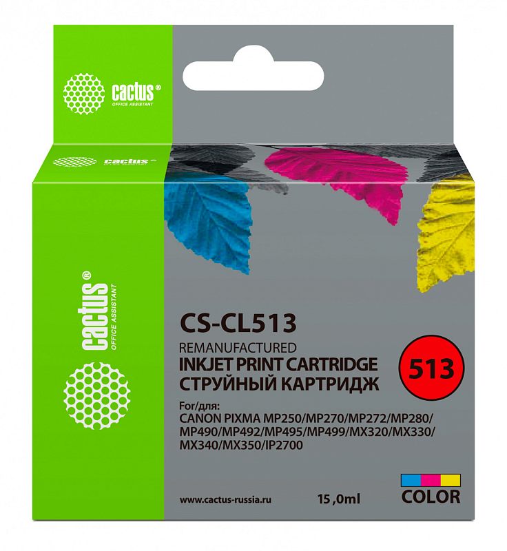 Фото-1 Картридж Cactus CS-CL513, трёхцветный струйный картридж 15 мл, фронтальный вид высокой упаковки; коробка с серой лицевой стороной, зелёной боковой плашкой, красным кругом 513 и цветовой шкалой cyan magenta yellow; на белом фоне для страницы товара, чтобы показать модель, тип и объём цветного картриджа.