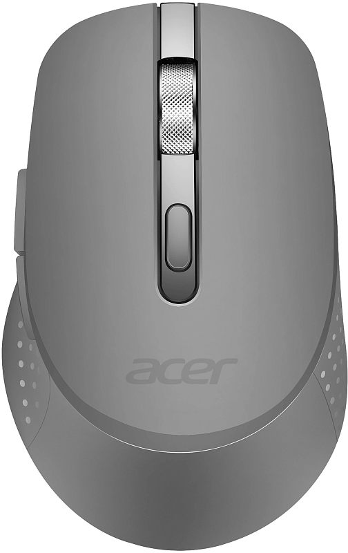 Фото-1 Беспроводная мышь Acer OMR310, вид сверху. На фото тёмно-серый корпус с металлическим фактурным колесом прокрутки, продолговатой кнопкой за колесом, логотипом Acer и перфорированными боковинами; изображение показывает верхнюю панель и основные элементы управления модели.