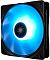 Фото-2 Корпусный вентилятор DeepCool RF120, вид спереди под углом: включённая синяя подсветка на крыльчатке, чёрная рамка и угловые крепёжные отверстия; помогает понять, как выглядит подсветка при установке в корпус ПК.