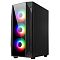 Фото-4 Корпус ПК Alseye Phantom 1.0 BK, вид спереди-справа: фронтальная стеклянная панель с тремя вентиляторами с RGB‑подсветкой, правая боковая глухая панель, боковая перфорация у фронта; чёрный цвет, студийное фото; важно для понимания типа правой панели и фронтального охлаждения.