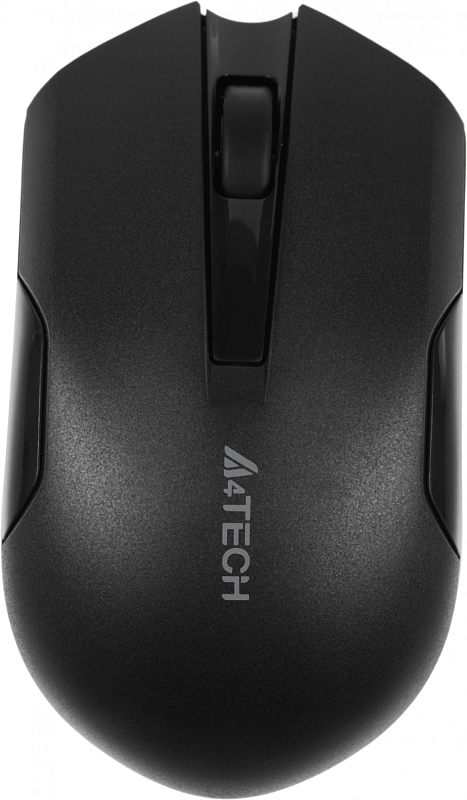 Фото-1 Беспроводная мышь A4Tech G3‑200NS, чёрная, вид сверху; показаны матовая верхняя панель, колесо прокрутки в чёрной глянцевой вставке и логотип A4Tech на корпусе, по бокам видны симметричные выемки; изображение показывает основной внешний вид модели для страницы товара.