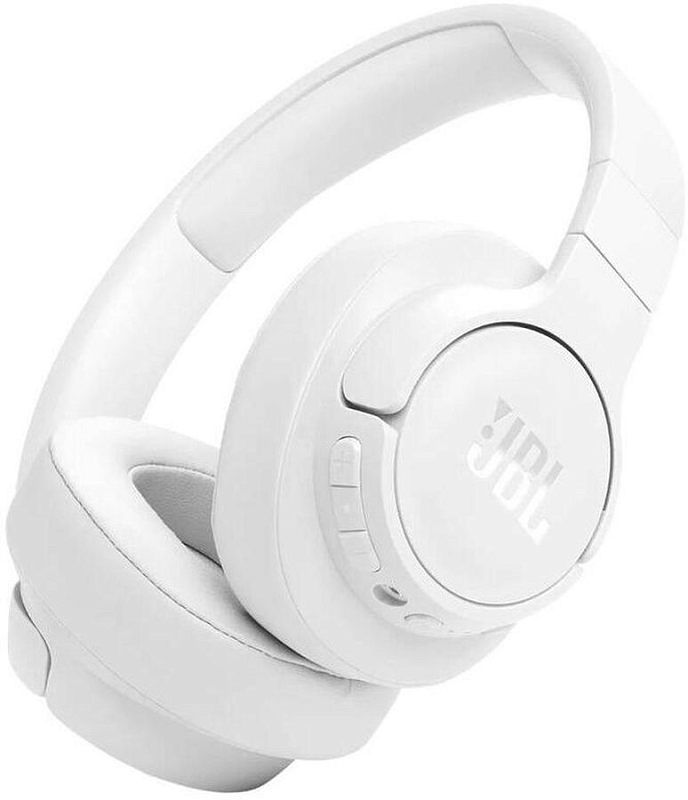 Фото-1 Гарнитура JBL Tune 770NC, вид спереди под углом: белые накладные наушники с округлыми чашками, складным оголовьем и кнопками на боковой панели чашки; изображение показывает общий дизайн модели на странице товара.