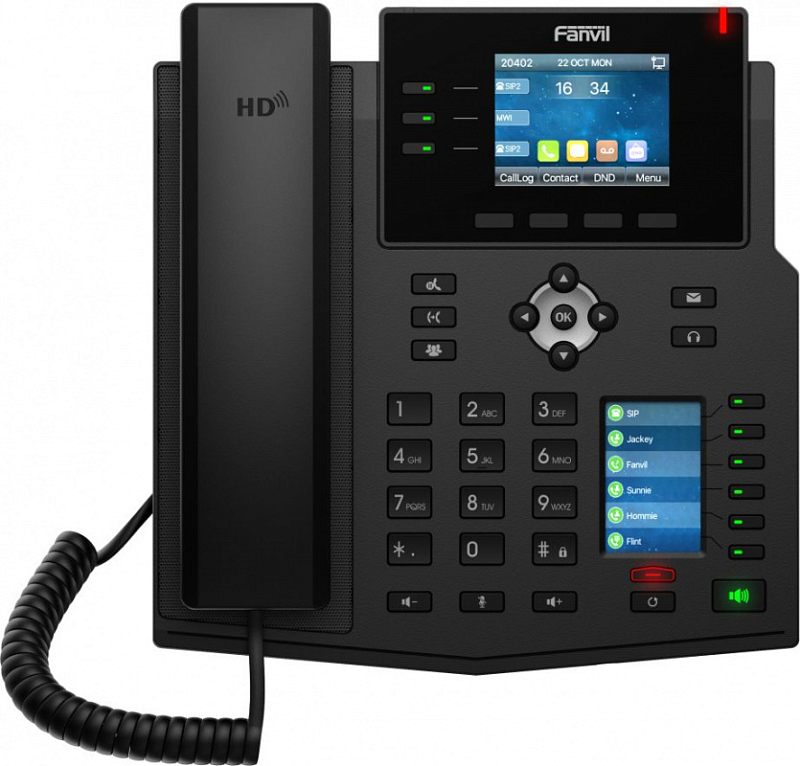 Фото-1 IP-телефон Fanvil X4U, вид спереди; чёрный корпус, верхний цветной экран и отдельный цветной боковой экран справа, ряд программируемых клавиш с зелёными индикаторами, цифровая клавиатура и навигационный блок — важно для понимания количества линий и наличия второго дисплея.