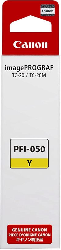 Фото-1 Струйный картридж Canon PFI-050Y 70 мл, вид спереди на розничную коробку; белая прямоугольная упаковка с красной верхней частью, маркировкой PFI-050 и жёлтым цветовым блоком Y. Подходит для карточки товара, чтобы показать фирменную упаковку и цвет расходника для поиска по модели.
