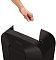 Фото-5 Уничтожитель бумаги Fellowes Powershred LX50, демонстрация подачи бумаги на белом фоне: рука вставляет лист в верхний слот, видна верхняя часть корпуса и пиктограммы безопасности; важно, чтобы показать способ подачи листа на странице товара.