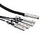Фото-1 Разветвляющий кабель QSFP+ → 4×SFP+ FIBO FT‑Q40‑4S10‑DAC, крупный план: один широкий модуль QSFP на толстом кабеле в оплётке и четыре SFP‑модуля с наклейками «FIBO» и чёрными петлями. Фото важно для понимания схемы разветвления и маркировки каждого коннектора.