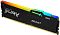 Фото-2 Модуль памяти Kingston FURY Beast RGB KF556C36BBEA-32, вид спереди под углом: модуль снят с объёмного ракурса, хорошо видны ступенчатый профиль радиатора, многоцветная верхняя панель и надписи FURY, BEAST, DDR5; чёрный цвет корпуса; изображение важно для страницы товара, так как показывает форму радиатора и боковой профиль.