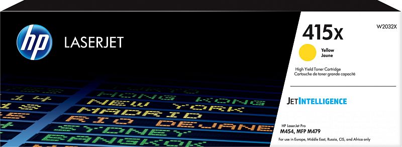 Фото-1 Картридж HP 415X W2032X, фронтальный вид упаковки; показана коробка с чёрной верхней частью, белой правой панелью и жёлтой меткой Yellow, видны серия LaserJet и индекс 415X; фото подтверждает цвет картриджа и внешний вид упаковки на странице товара.