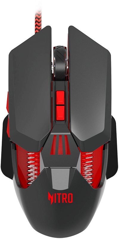 Фото-1 Проводная мышь Acer Nitro OMW302, вид сверху. На фото чёрно-красный корпус с двумя основными кнопками, центральным колесом прокрутки и двумя красными кнопками под колесом; по бокам видны декоративные металлические пружины и логотип Nitro. Изображение показывает верхнюю компоновку элементов управления для карточки товара и сравнения конструкции игровой мыши.