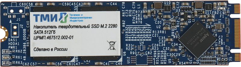 Фото-1 SSD ТМИ 467512 M.2 2280 512 ГБ, вид сверху на сторону с компонентами; на фото синяя плата M.2, белая маркировочная наклейка ТМИ, контроллер и золотистый разъём по правому краю; изображение показывает конструкцию накопителя для карточки товара.