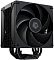 Фото-6 Кулер для процессора ID-Cooling FROZN A410 DK, вид спереди под углом: чёрный вентилятор на радиаторе, видны проволочные скобы крепления, снизу — четыре чёрные тепловые трубки и основание; фото для понимания габаритов и компоновки.