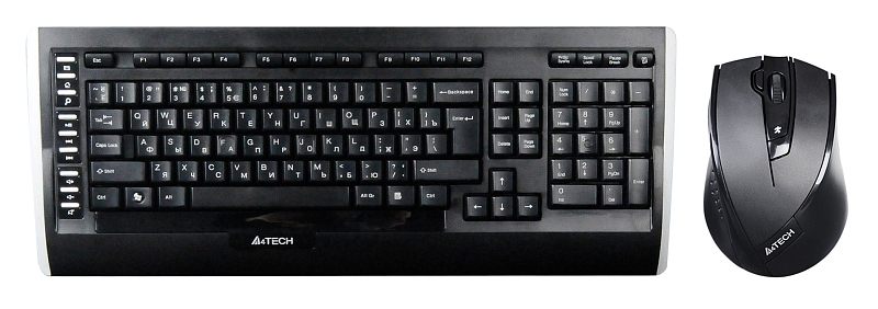 Фото-1 Комплект клавиатуры и мыши A4Tech 9300F, вид спереди: клавиатура с цифровым блоком и отдельная мышь рядом, на клавиатуре заметны боковые светлые вставки, чёрный цвет на белом фоне для понимания состава комплекта на странице товара.