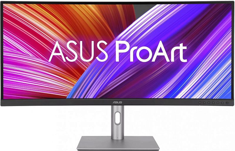 Фото-1 Монитор Asus ProArt PA34VCNV, вид спереди: широкий экран с надписью ProArt на заставке, чёрная рамка и серебристая стойка с овальным вырезом, блок кнопок справа внизу — чтобы увидеть органы управления на странице товара.