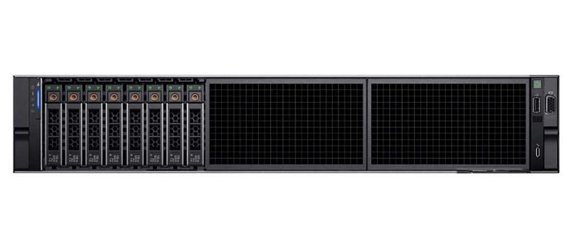 Фото-1 Серверная платформа Dell PowerEdge R760 8x2.5 Rack 2U, фронтальный вид; на фото показаны восемь отсека для дисков слева, две большие решётки охлаждения на передней панели и блок индикации с разъёмами справа; ракурс помогает оценить конфигурацию лицевой панели стоечного сервера на странице товара.