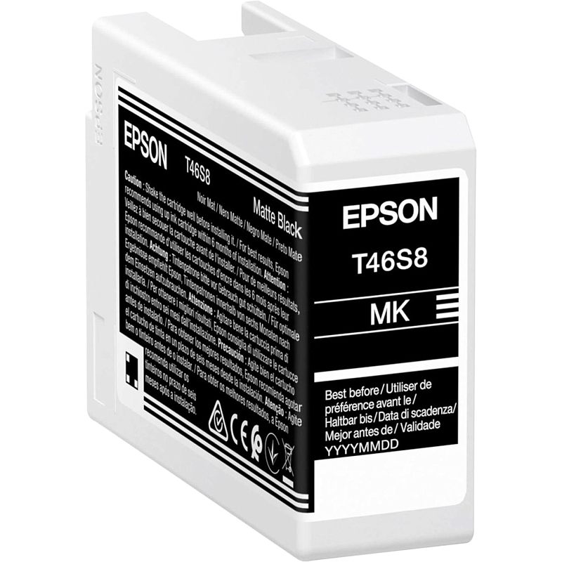 Фото-1 Картридж Epson T46S8 матовый чёрный, вид под углом на сам картридж без упаковки; на фото виден белый корпус с чёрной лицевой этикеткой Epson T46S8, маркировкой MK и верхним фиксатором; изображение показывает форму корпуса и обозначение Matte Black, что важно для страницы расходного материала.