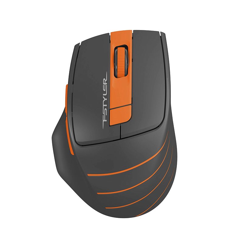 Фото-1 Беспроводная мышь A4Tech Fstyler FG30S, тёмно-серая с оранжевыми вставками, вид сверху под углом; видны две основные кнопки, оранжевая центральная вставка с колесом и рельефные линии на задней части корпуса; изображение показывает основной внешний вид модели для страницы товара.