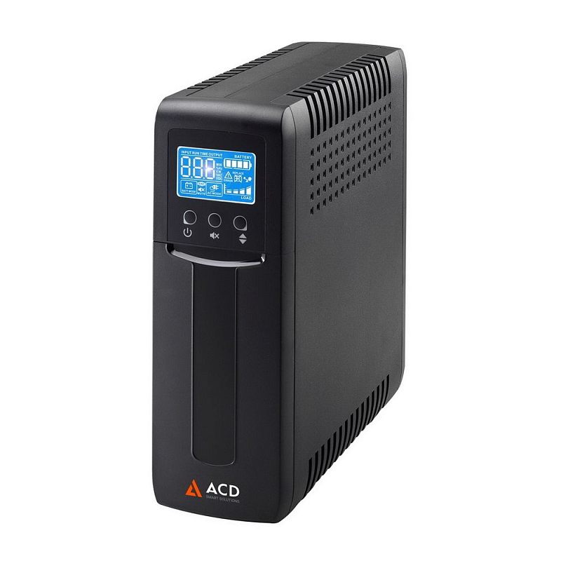 Фото-1 ИБП ACD PW Slim 1000 VA Tower 82N C44006 00G, вид спереди справа. На фото чёрный башенный корпус с синим LCD-дисплеем, тремя круглыми кнопками и боковой перфорацией. Подходит для страницы товара, где важны экран, органы управления и внешний вид корпуса.