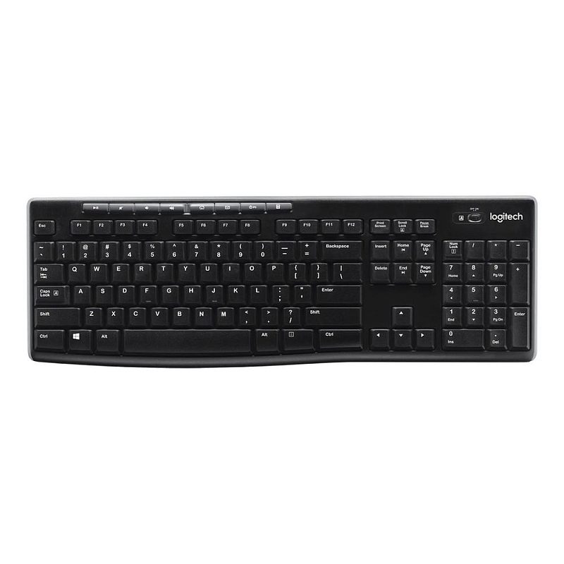Фото-1 Клавиатура Logitech 920-003058, вид сверху спереди; полноразмерная раскладка с цифровым блоком, волнообразная форма рядов клавиш, отдельный блок навигации и чёрный корпус. Изображение для карточки товара показывает общую компоновку и форму клавиатуры.