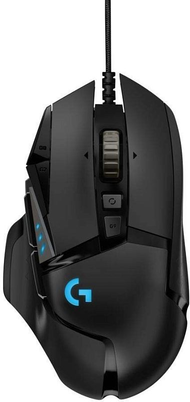 Фото-1 Проводная мышь Logitech G502 Hero, вид сверху; видны колесо прокрутки с рельефным ободом, кнопки G7/G8 и G9 под колесом, боковой блок с дополнительными кнопками и логотип G, корпус чёрный. Фото показывает сложную компоновку органов управления игровой модели.