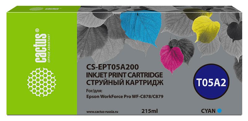Фото-1 Струйный картридж Cactus CS-EPT05A200, Epson T05A2, вид спереди на упаковку; длинная коробка с серой лицевой частью, зелёной боковой полосой, круглой маркировкой T05A2 и объёмом 215 мл, голубой цвет обозначен на панели; фото важно для различения цветовой версии картриджа на странице товара.