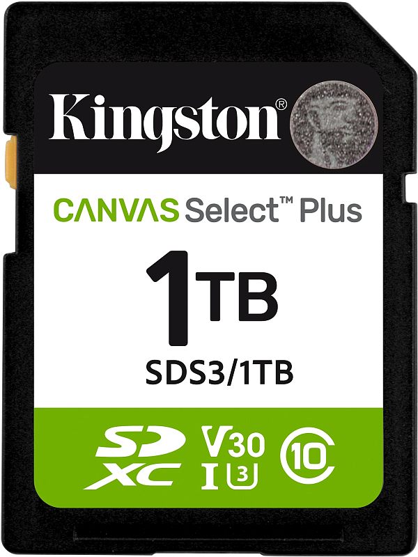 Фото-1 Карта памяти SDXC Kingston Canvas Select Plus 1TB — крупный план лицевой стороны SD-карты: чёрный корпус, белая этикетка с зелёной полосой, маркировка 1TB и SDS3/1TB, значки V30 и U3, логотип SDXC; на белом фоне, важно для выбора по классу скорости