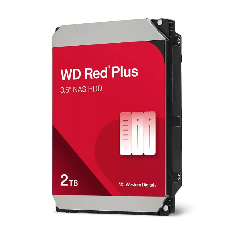 Фото-1 Жёсткий диск 3.5" Western Digital WD Red Plus WD20EFPX 2 ТБ — студийное изображение под углом: красная лицевая панель «WD Red Plus 3.5" NAS HDD» с отметкой 2TB, видна чёрная боковая грань и металлическая рамка; важно для распознавания линейки WD Red Plus для NAS на странице товара.