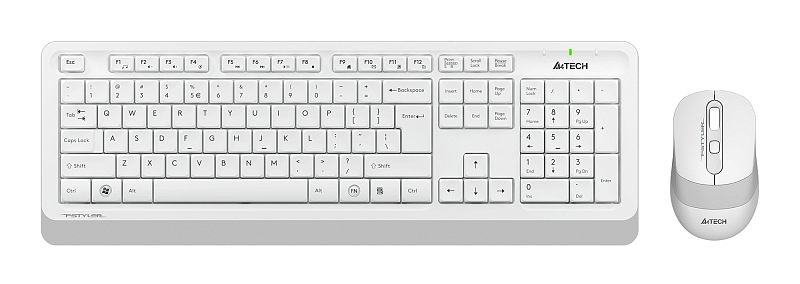 Фото-1 Комплект клавиатура и мышь A4Tech FG1010S, фронтальный вид: белая полноразмерная клавиатура с цифровым блоком и белая мышь сверху, на светлом фоне для страницы товара и показа внешнего вида комплекта.
