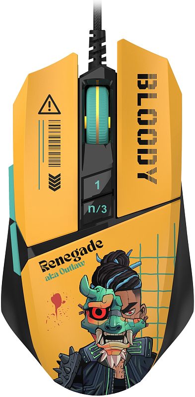 Фото-1 Игровая мышь A4Tech W63 Max Renegade, вид сверху спереди; показаны жёлтые основные панели, бирюзовое колесо прокрутки, две кнопки за колесом и графика на корпусе; фото помогает увидеть форму кнопок и оформление верхней части для страницы товара.