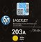 Фото-4 Картридж HP 203A CF542A, крупный план чёрной части коробки; видны логотип HP, маркировка LASERJET, модель 203A, код CF542A и защитная наклейка с QR-кодом, что важно для распознавания упаковки и проверки маркировки.