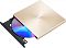 Фото-5 Внешний оптический привод ASUS SDRW-08U8M-U (DVD-RW), золотистый: вид сверху под углом с выдвинутым лотком и диском; видна рамка лотка и внутренняя площадка; на белом фоне — демонстрирует загрузку диска.