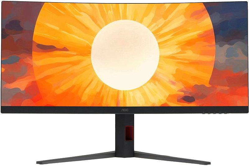 Фото-1 Монитор AOC CU34G4: фронтальный вид, изогнутый экран с оранжевой графикой; чёрная рамка, стойка с красной вставкой и широкая V‑образная подставка — основной вид товара на странице монитора.