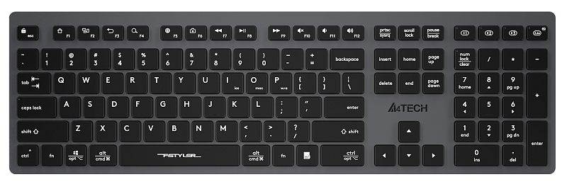 Фото-1 Клавиатура A4Tech FBX50C Grey, вид сверху спереди; полноразмерная раскладка с цифровым блоком, чёрные низкопрофильные клавиши, отдельные кнопки выбора каналов 1–4 и графитовый корпус. Изображение для карточки товара показывает раскладку и цвет исполнения.