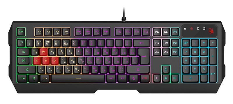 Фото-1 Клавиатура A4Tech Bloody B140N, вид сверху; полноразмерная проводная игровая модель в чёрном корпусе с цифровым блоком, RGB-подсветкой зон и выделенными красными клавишами WASD; фото показывает раскладку и подсветку для страницы товара клавиатуры.