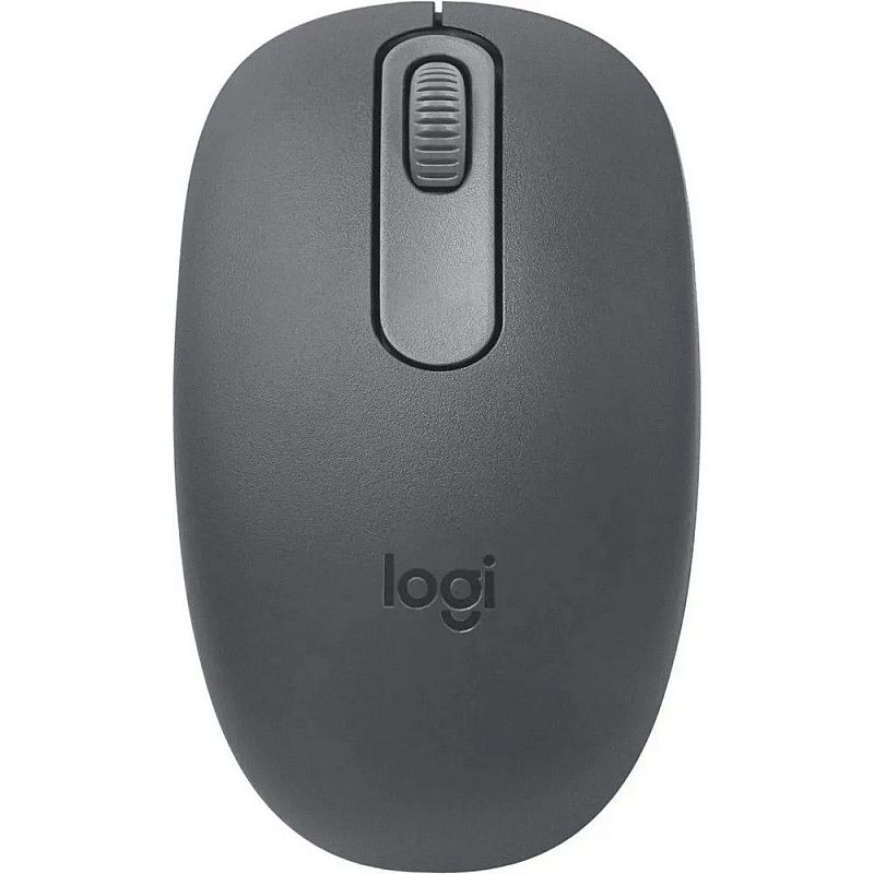 Фото-1 Мышь Logitech M196, вид сверху на тёмно-серый корпус; видны две основные кнопки, центральная вставка с колесом прокрутки и логотип logi на спинке; изображение важно для страницы товара, потому что показывает базовую компоновку и форму беспроводной мыши.