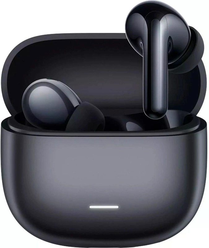 Фото-1 Наушники Xiaomi Buds 8 Active, чёрный кейс с открытой крышкой и наушниками, вид спереди; один наушник находится в кейсе, второй показан рядом, виден передний световой индикатор и внутриканальная форма с амбушюрами; изображение показывает комплект на странице товара.