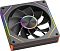 Фото-5 Корпусный вентилятор PCCooler FG120R 120 мм FG120R ARGB BK, вид спереди под углом, тёмно-серая рамка, девять чёрных лопастей и радужный контур вокруг центральной крышки, видна боковая световая вставка с вертикальными линиями, предметная съёмка на светлом фоне для страницы товара, чтобы показать комбинацию фронтальной и боковой подсветки.