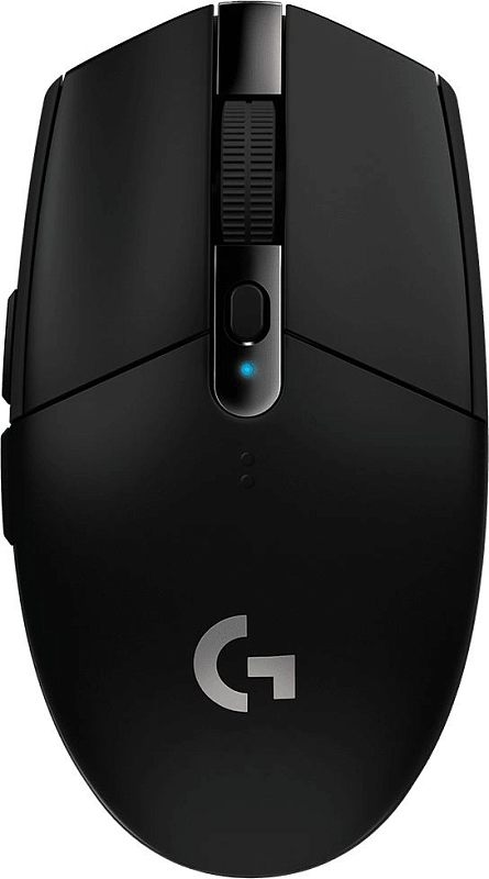 Фото-1 Мышь Logitech G304 LIGHTSPEED, вид сверху; чёрный корпус симметричной формы с логотипом G, колесом прокрутки и разделёнными основными кнопками; изображение важно для страницы товара для показа основного внешнего вида мыши.