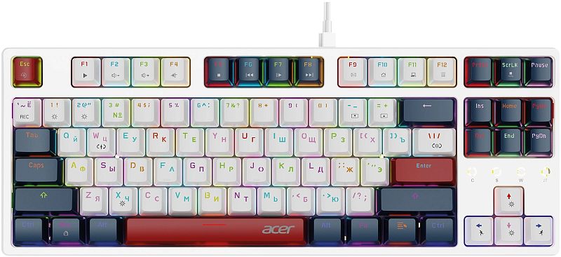 Фото-1 Клавиатура Acer OKW305, вид спереди; компактная раскладка с цифровым блоком, белый корпус, белые клавиши с тёмно-синими и красными акцентами, многоцветная подсветка по контуру клавиш. Для страницы товара важно, потому что фото показывает раскладку и цветовые акценты клавиатуры.