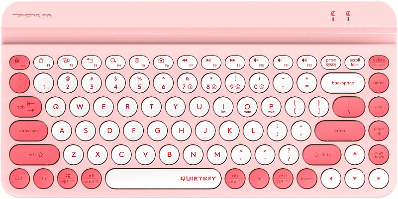 Фото-1 Клавиатура A4Tech FBK30 Raspberry, вид сверху спереди; компактная беспроводная модель с белыми круглыми клавишами, коралловыми функциональными кнопками и длинной встроенной подставкой, светло-розовый корпус. Изображение для карточки товара показывает раскладку и цвет исполнения.