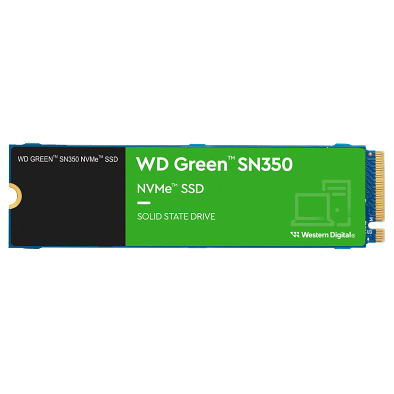 Фото-1 SSD WD Green SN350 M.2 2280 500 ГБ, модуль показан спереди; зелёно-чёрная наклейка WD Green SN350 NVMe SSD, синяя плата и золотистый разъём M.2, фото помогает распознать серию и форм‑фактор накопителя на странице товара.