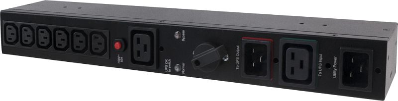 Фото-1 Байпасный PDU CyberPower MBP20HVIEC6 (1U): вид под углом спереди, чёрный металлический корпус с группой IEC-розеток, красной кнопкой и поворотным переключателем Bypass/Normal; справа силовые разъёмы ввода/вывода — важно для понимания схемы обхода ИБП в стойке.