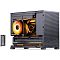 Фото-26 Корпус Jonsbo D32 Pro Black, вид сбоку в собранном виде: через открытый боковой проём видны вентилятор с подсветкой, СЖО и видеокарта GeForce RTX; рядом показана снятая задняя решётка &mdash; чтобы оценить доступ к компонентам и элементы задней части корпуса.