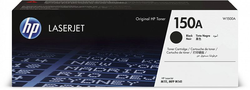 Фото-1 Тонер-картридж HP 150A W1500A, фронтальный вид лицевой стороны коробки на белом фоне. Видны чёрно-белая упаковка LaserJet, крупная маркировка 150A, чёрная цветовая точка и список совместимых серий M111 и M141. Фото показывает основную упаковку товара для страницы картриджа.