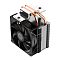 Фото-9 Кулер для процессора PCCooler R200, вид сверху под углом: чёрный вентилятор спереди, за ним серебристый радиатор, сверху прижимная пластина с двумя винтами. Видны две медные тепловые трубки, уходящие в радиатор. Цвет: чёрный, серебристый, медные элементы; ракурс показывает верхнюю часть и крепление основания.