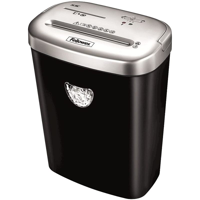 Фото-1 Уничтожитель бумаги Fellowes 53S (FS 46531) — общий вид под углом; чёрный корпус с небольшим смотровым окошком, сверху серебристая крышка с щелью подачи и ползунком управления; помогает оценить компоновку крышки и корпуса.