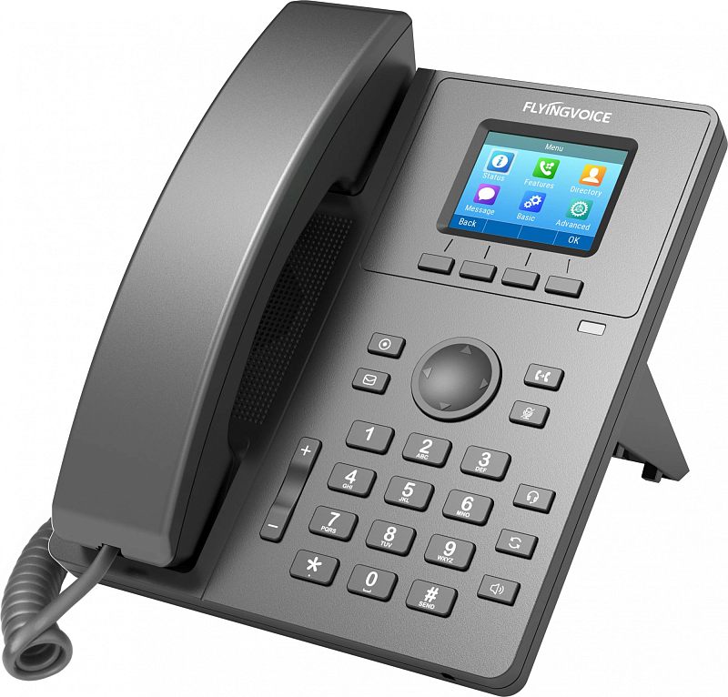 Фото-1 IP‑телефон Flyingvoice P11P, ракурс 3/4: небольшой цветной экран с меню, крупный круглый навигационный блок и цифровая клавиатура; серый/чёрный корпус. В карточке товара важно для понимания управления через джойстик и экран.